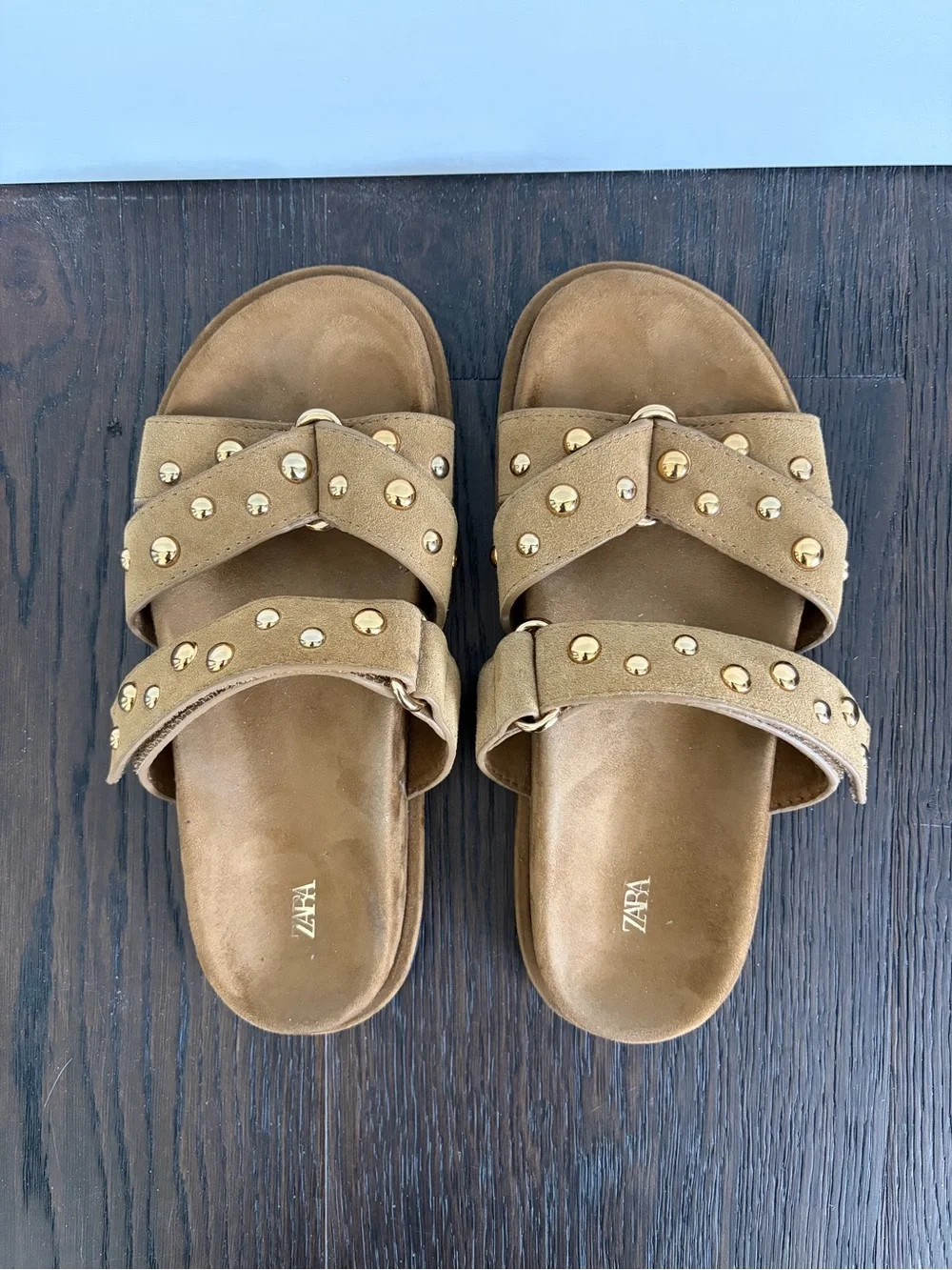 Zara Gold Studded Suede Slide Sandals - Picture 2 of 5